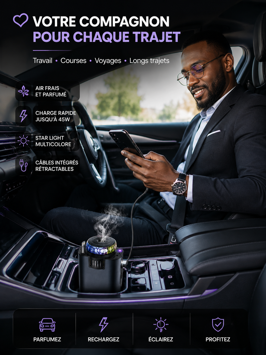 🚗 DIFFUSEUR PARFUM & CHARGEUR 45W 3-EN-1