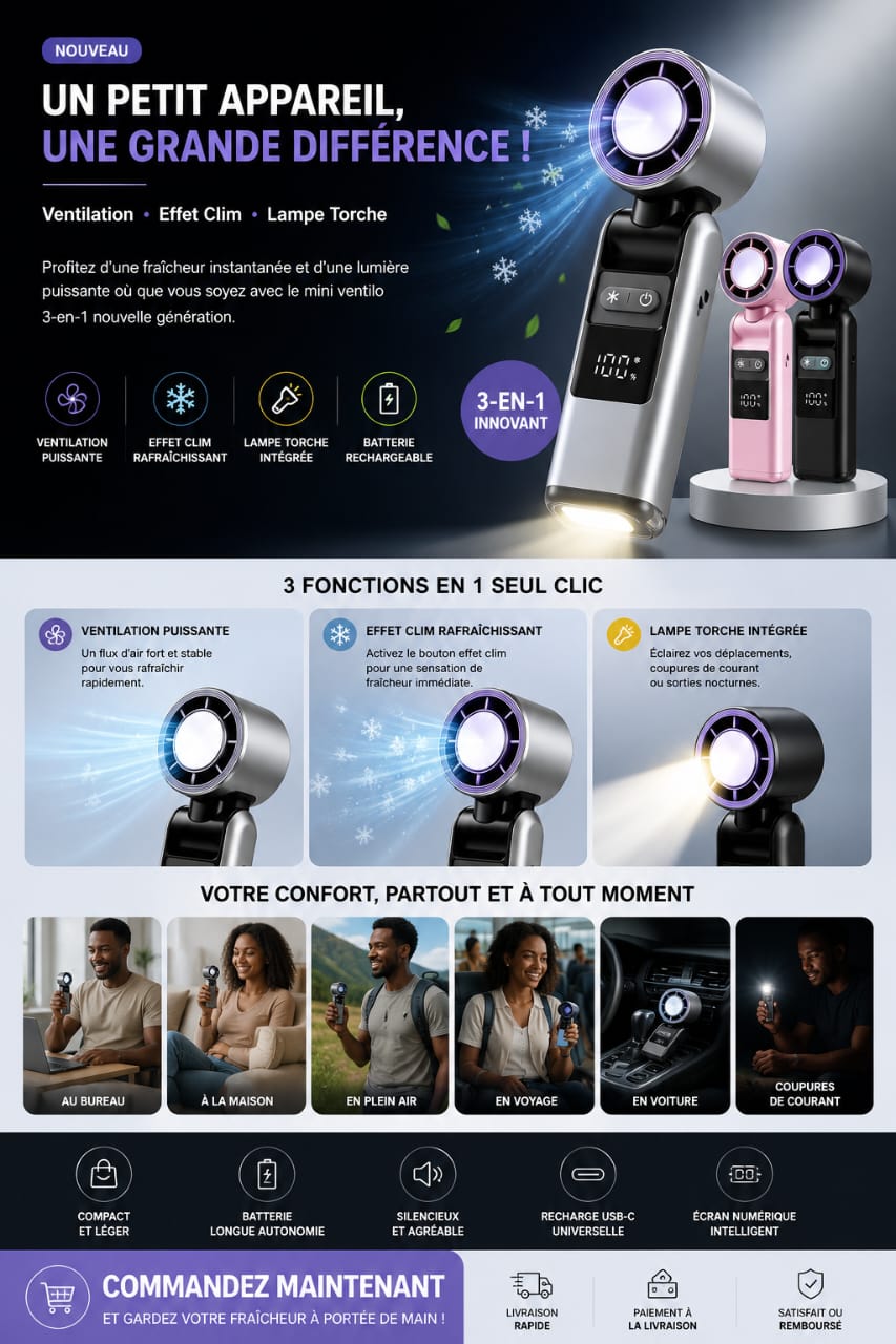 ❄️ MINI VENTILATEUR PORTABLE 3-EN-1 💨 Ventilation • ❄️ Effet Clim • 🔦 Lampe Torche