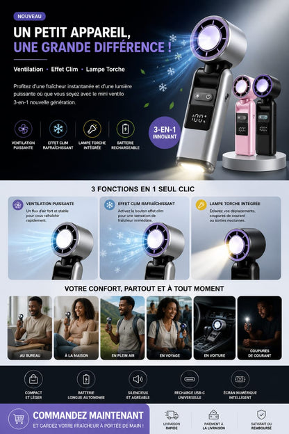 ❄️ MINI VENTILATEUR PORTABLE 3-EN-1 💨 Ventilation • ❄️ Effet Clim • 🔦 Lampe Torche